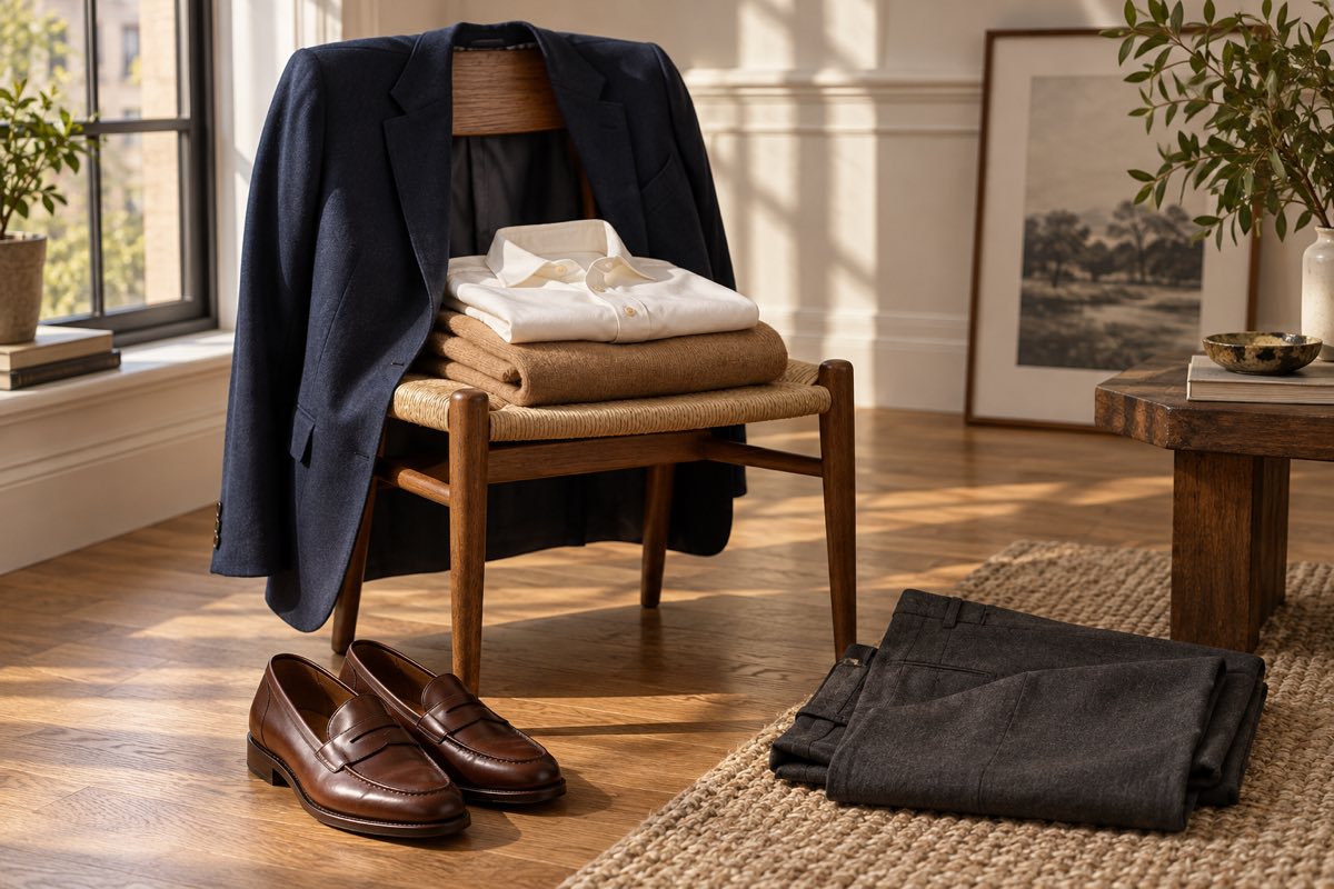 Navy blazer, ivory shirt, camel knit and charcoal trousers arranged with brown loafers