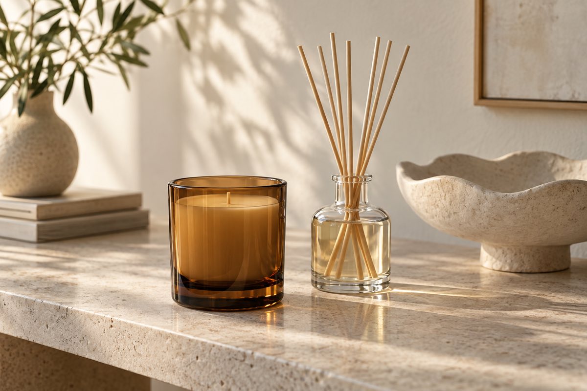 Amber glass candle and clear reed diffuser on a pale stone console