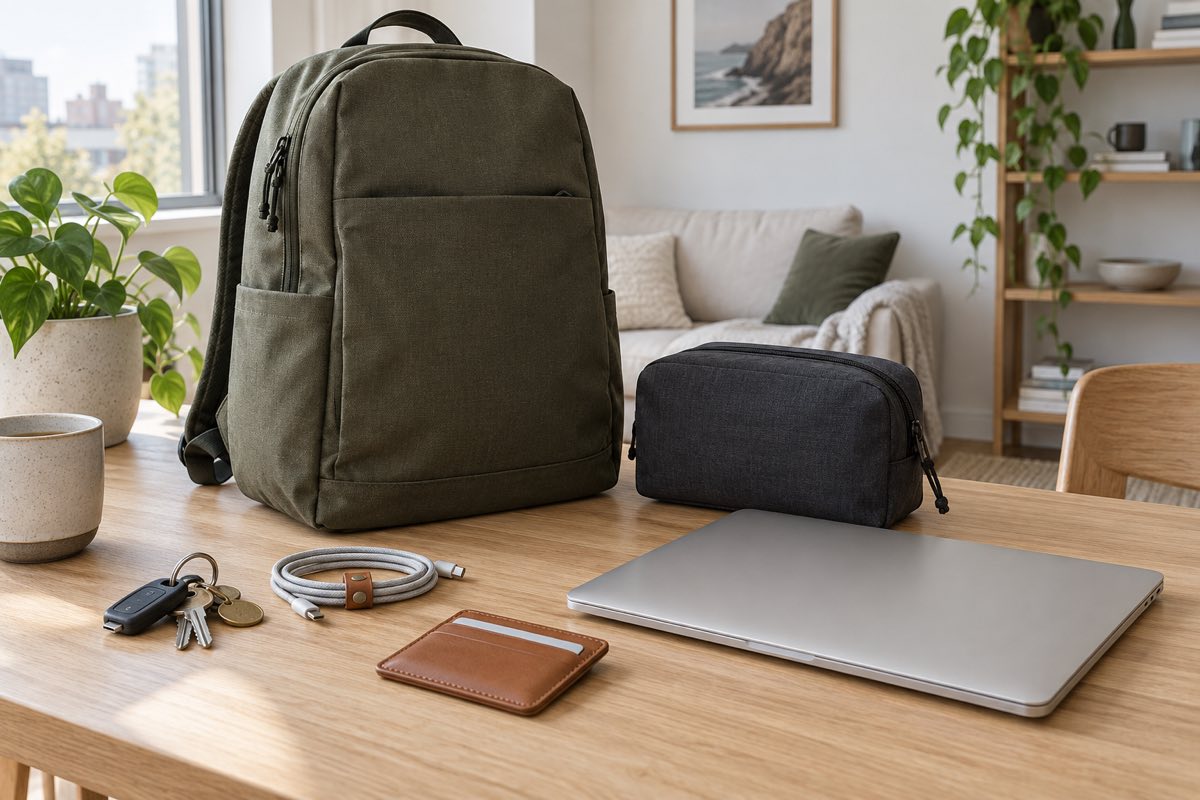 Olive backpack, charcoal pouch, tan cardholder and laptop arranged on an oak table