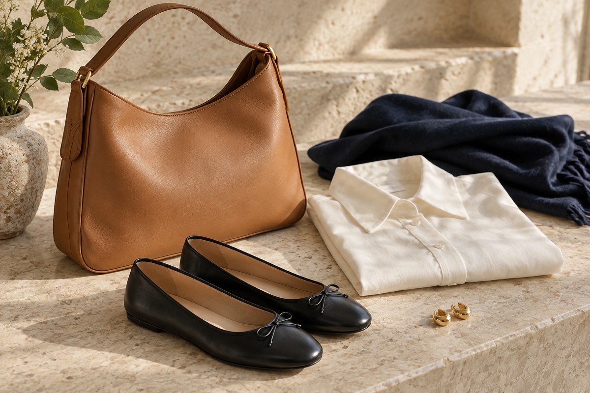 Tan shoulder bag, black ballet flats and neutral clothing arranged on a stone surface