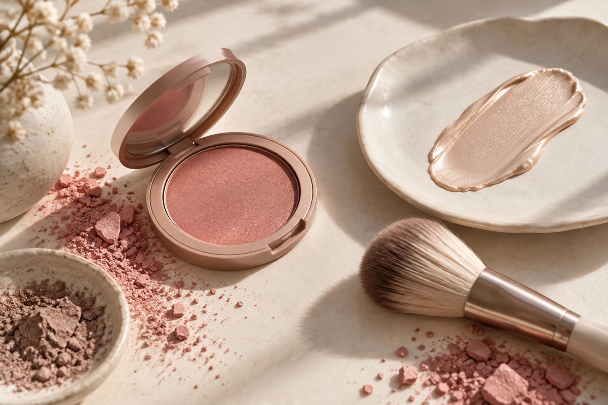 Rose blush, makeup brush and a cream swatch on an ivory surface