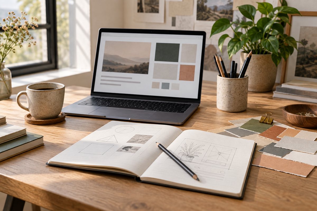 Laptop, notebook and color swatches arranged on a light wooden desk