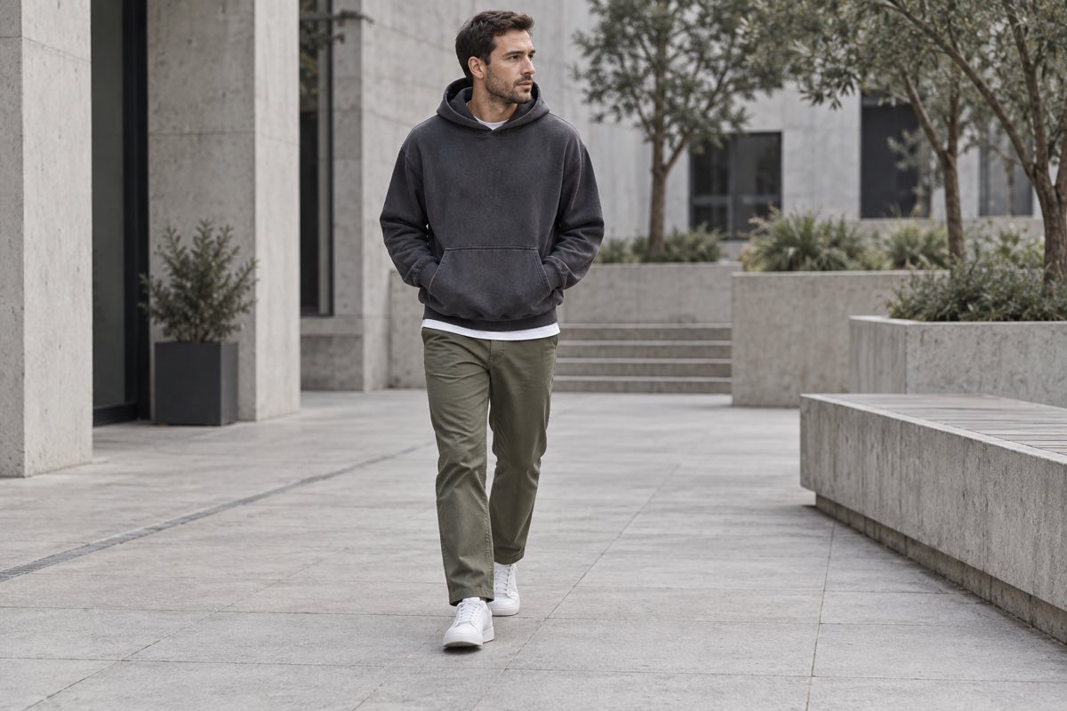 Man wearing a charcoal hoodie, olive trousers and white sneakers in a concrete courtyard