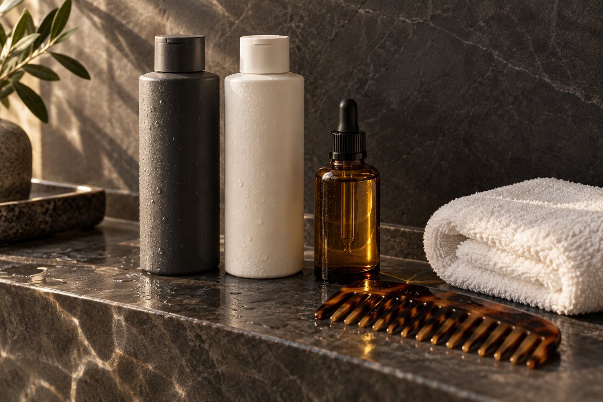 Unlabelled hair care bottles, a comb and a white towel on a dark stone shelf