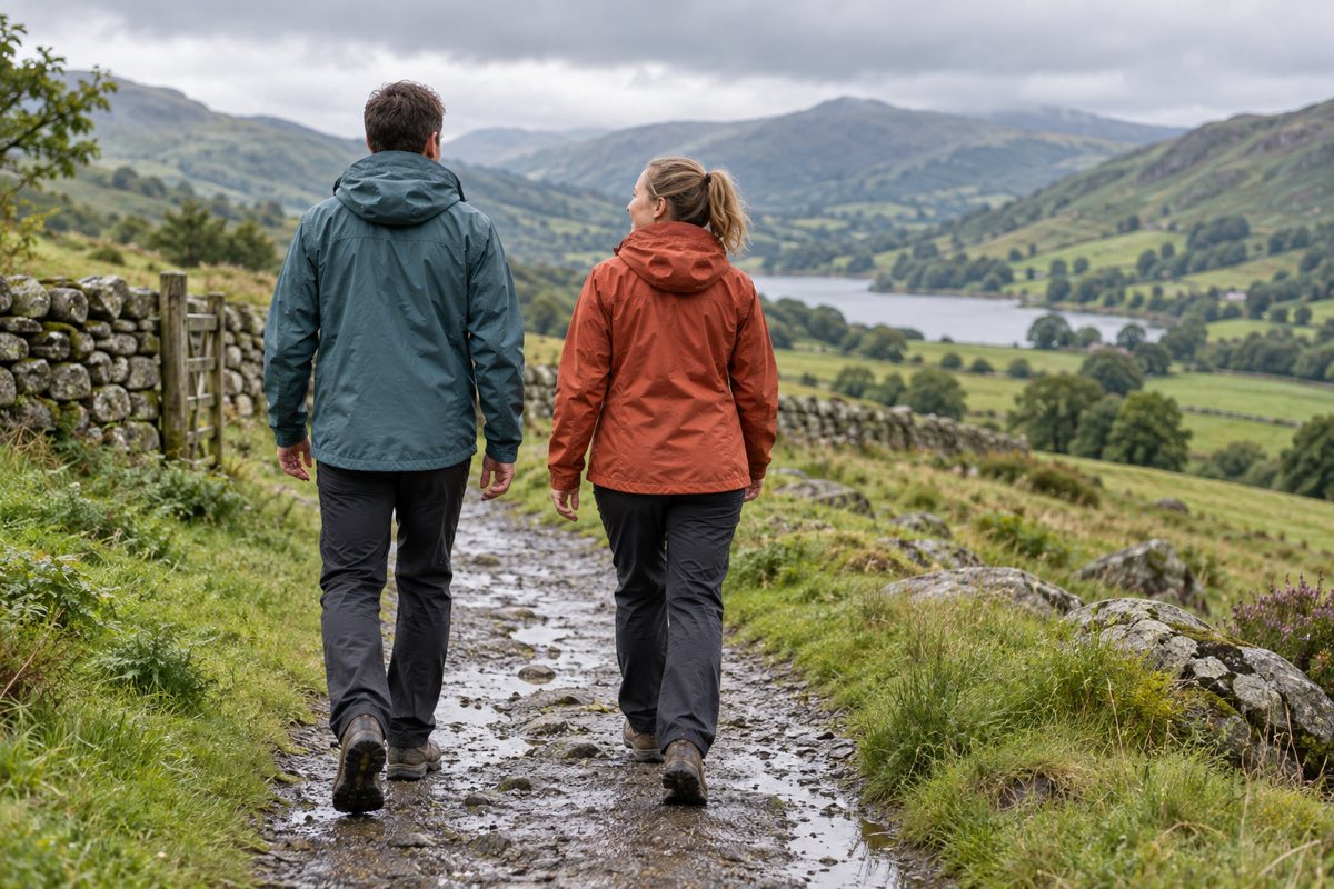 Two walkers in teal and rust jackets following a path through green countryside