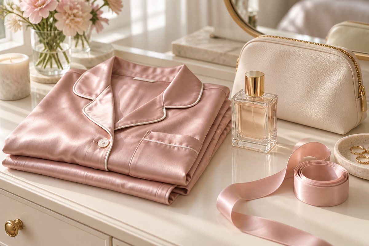 Folded blush pajamas, an unlabelled perfume bottle and a cream pouch on a dressing table