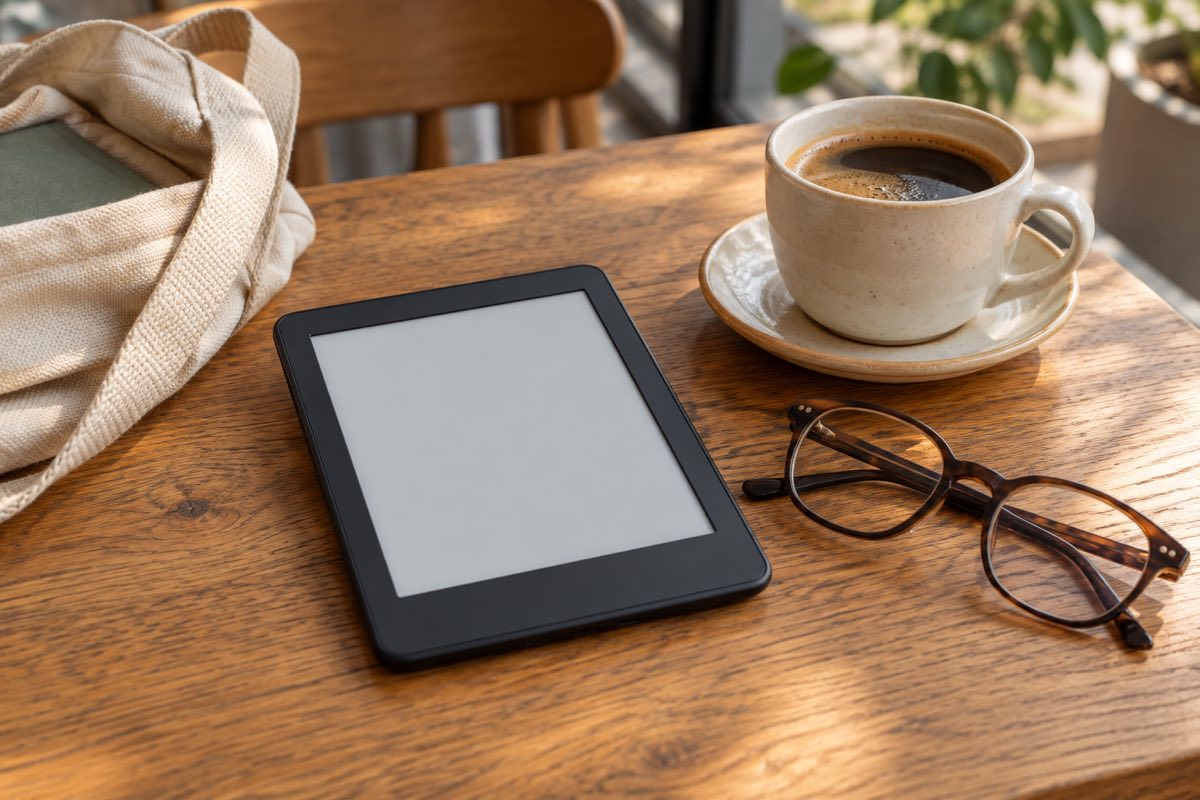 Generic compact e-reader, reading glasses and coffee on a wooden table