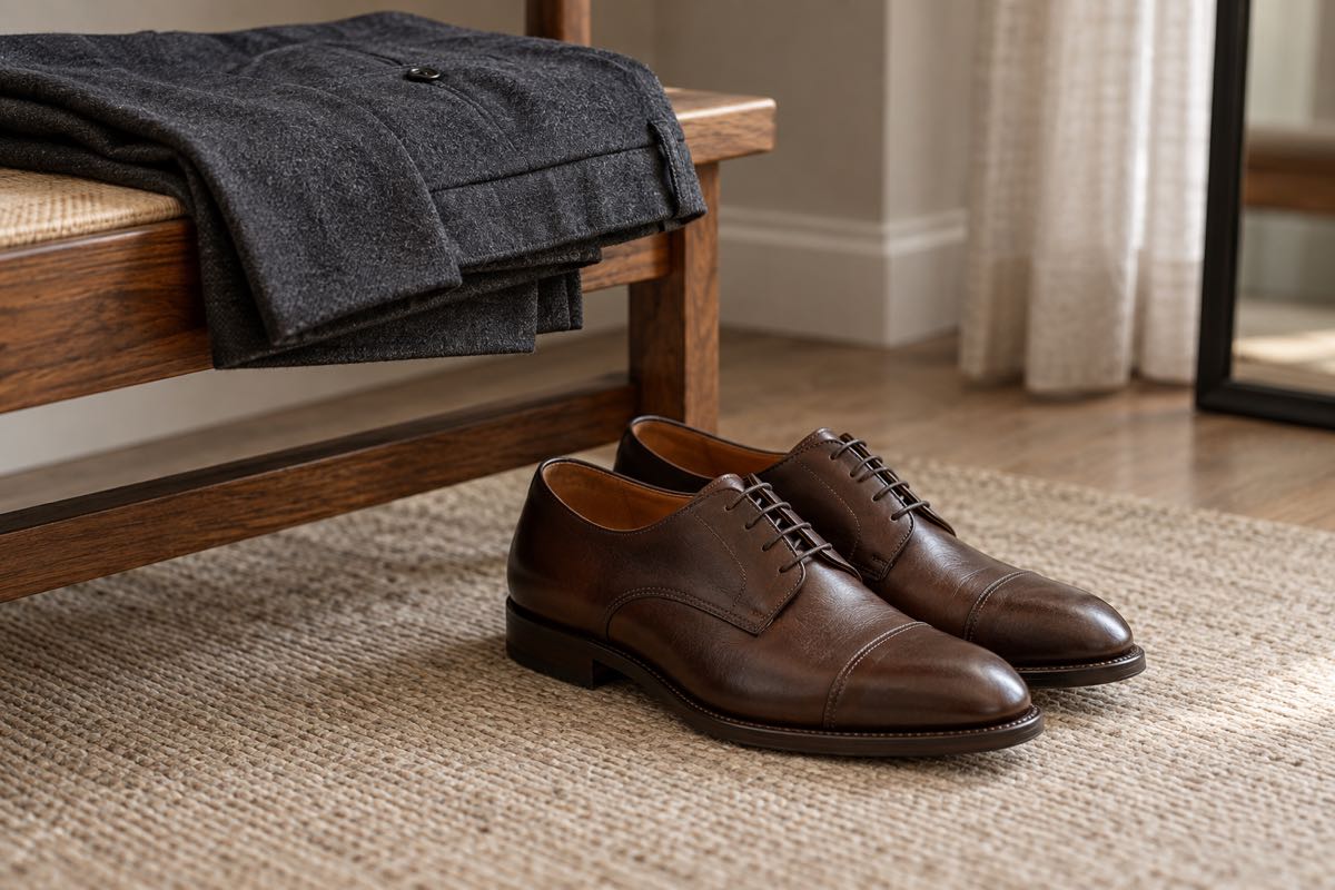 Brown leather lace-up shoes beside a wooden bench and folded charcoal trousers