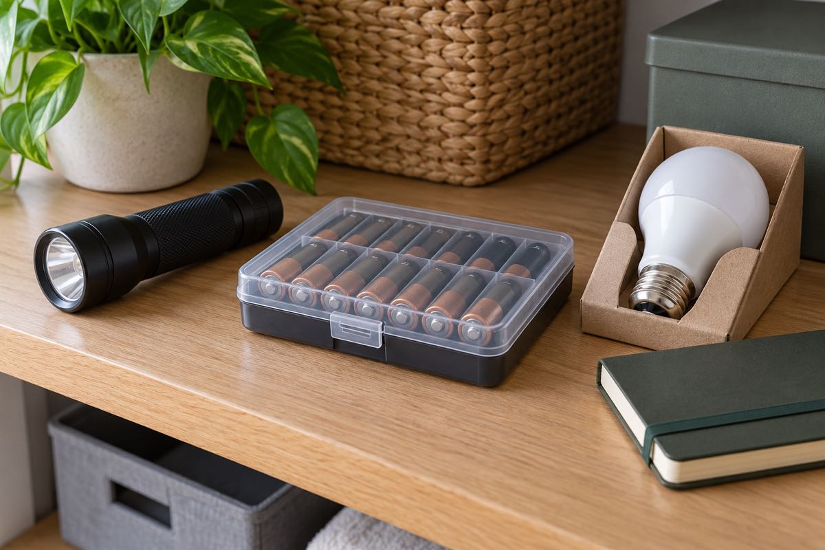 Flashlight, closed battery organizer and light bulb on a tidy wooden shelf
