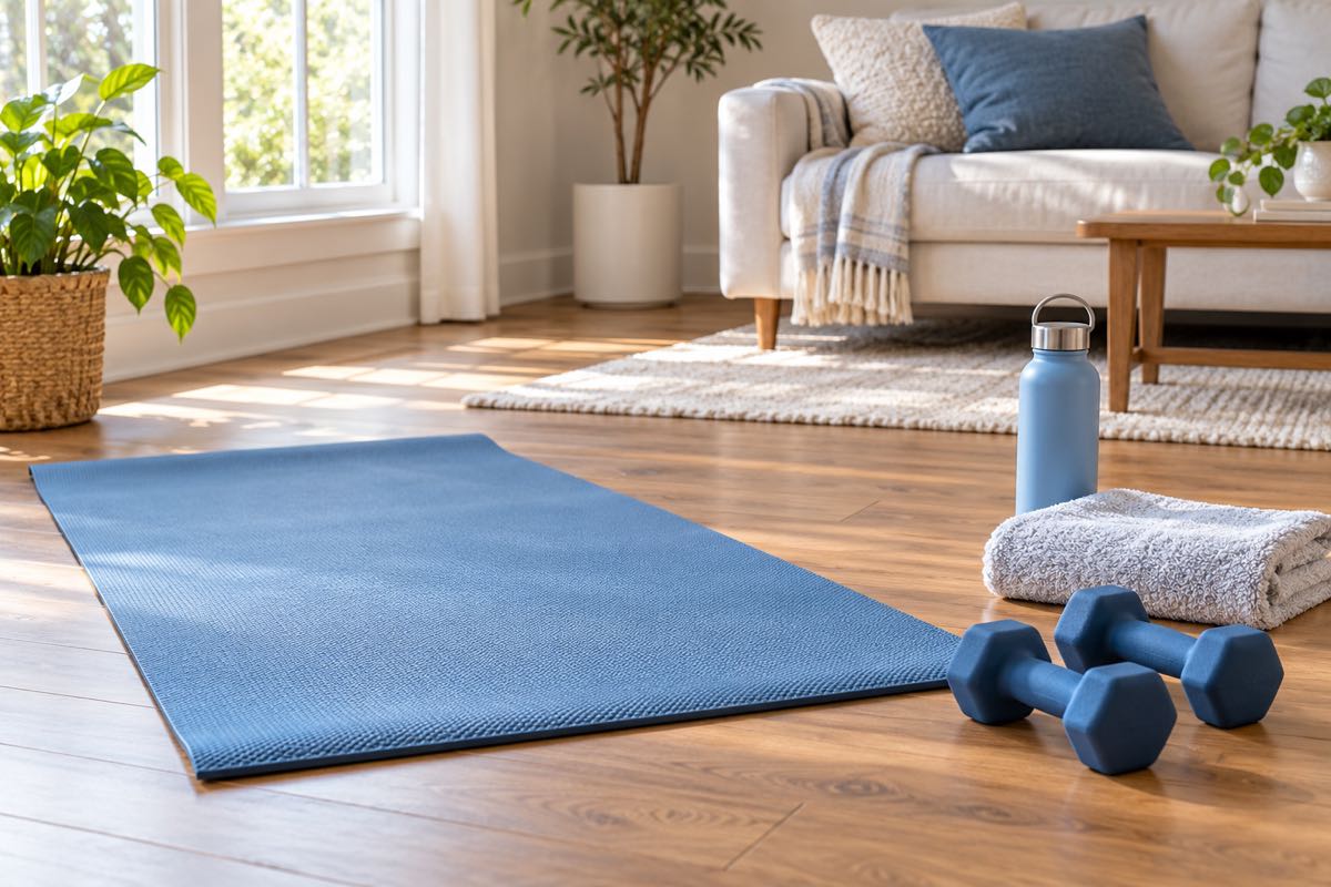 Blue exercise mat, dumbbells, towel and water bottle in a bright living room