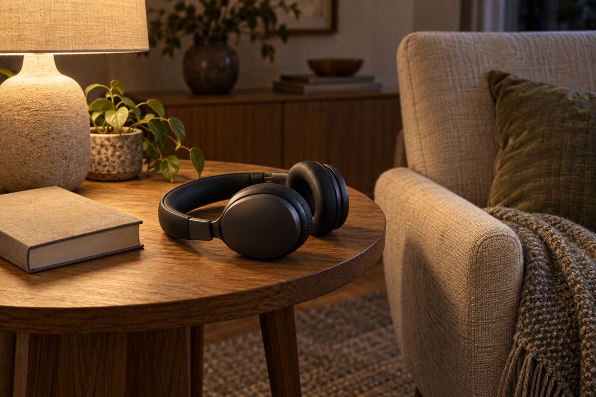 Charcoal over-ear headphones on a wooden table beside a reading chair