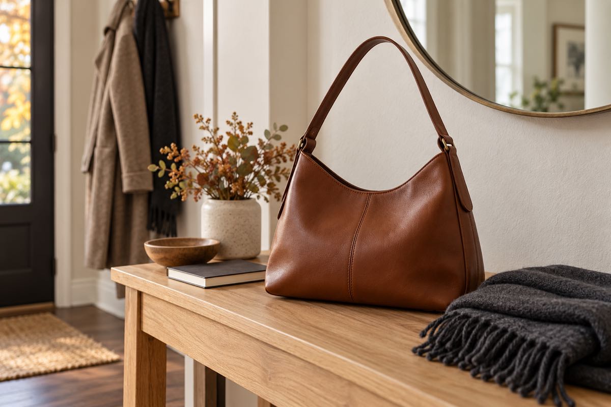 Caramel shoulder bag beside a notebook and charcoal scarf on a wooden console
