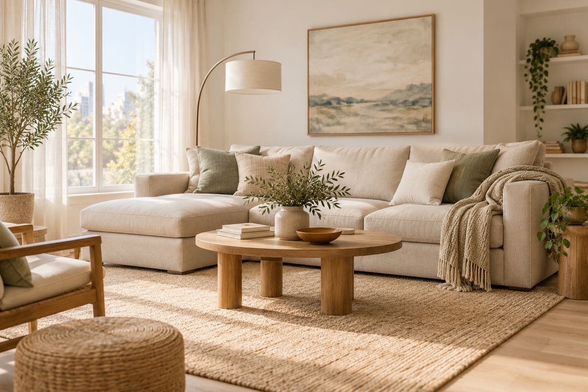 Calm living room with sofa, coffee table, lamp and soft textiles