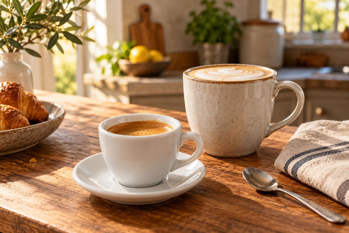 Espresso and milk coffee on a sunlit wooden kitchen counter