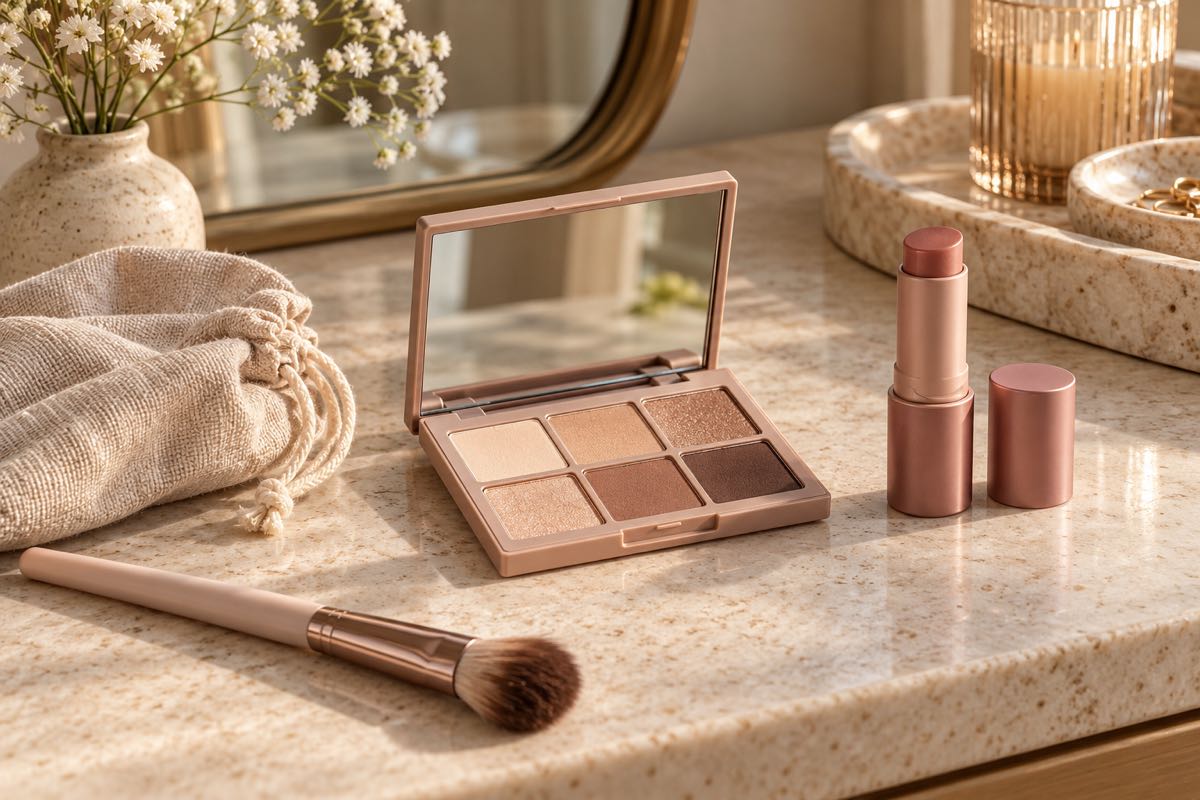 Neutral makeup palette and rose-toned lip balm on a pale stone vanity