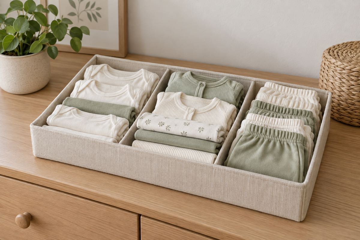 Folded cream and sage baby clothing in an organizer on a wooden dresser