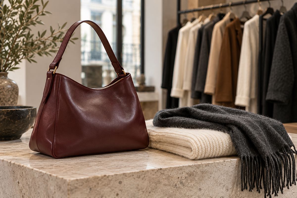 Burgundy shoulder bag with cream knitwear and a charcoal scarf on a stone table