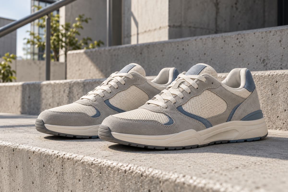 Cream and grey sneakers with muted blue accents on sunlit concrete steps