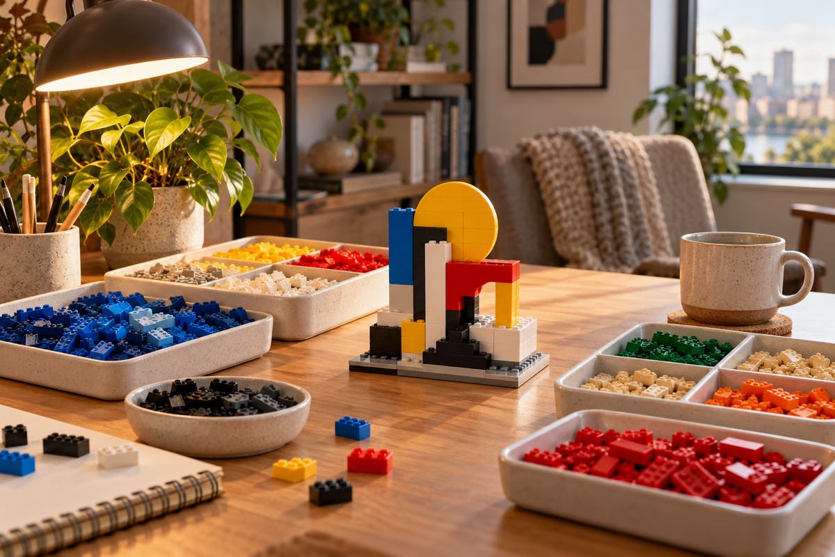 Colourful construction bricks arranged on an adult hobby desk