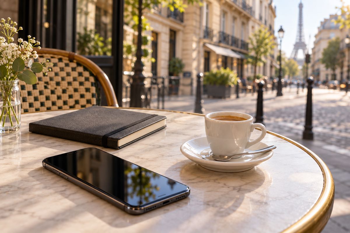 Smartphone beside a notebook and coffee on a French café table