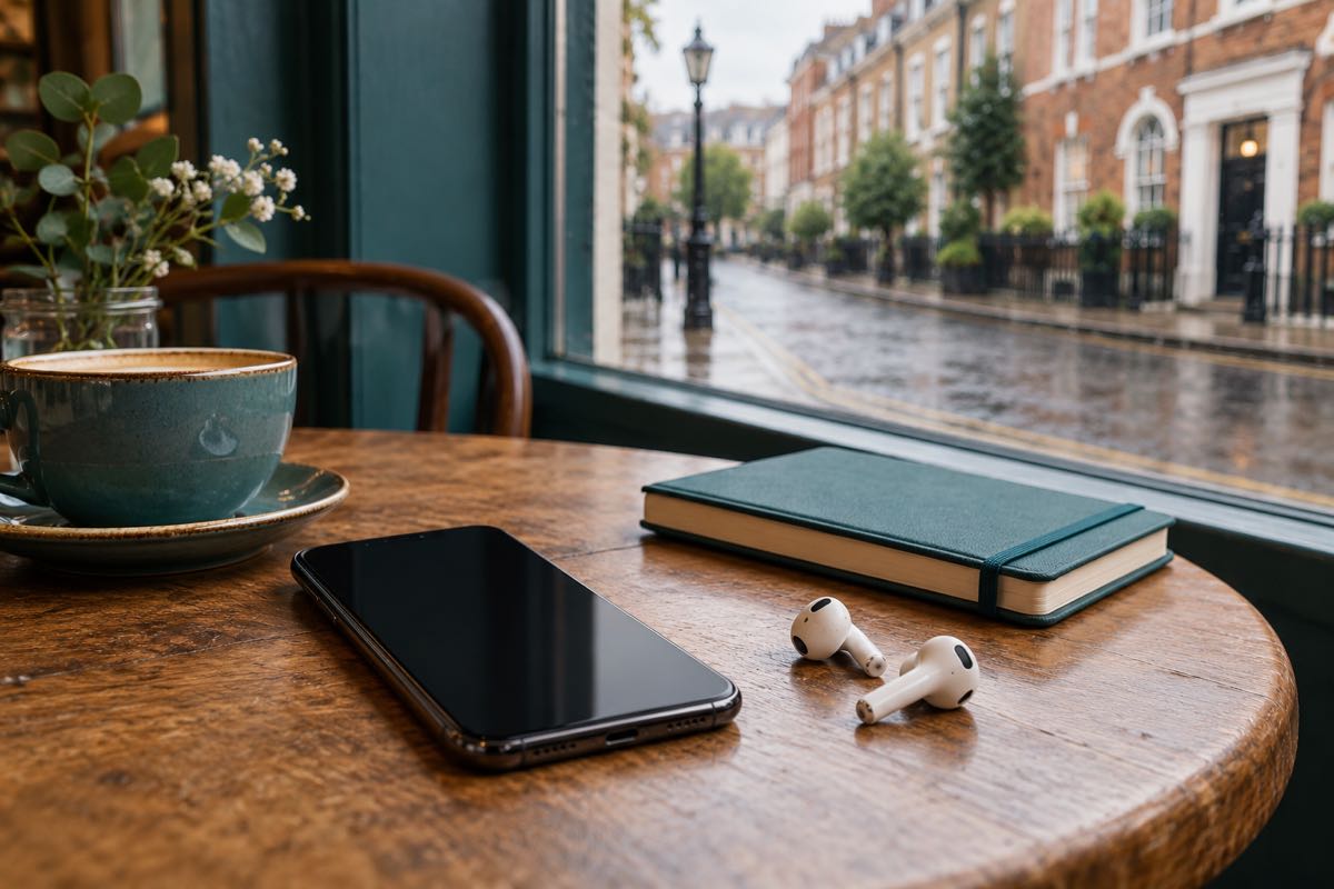 Smartphone and earbuds beside a notebook on a cafe table