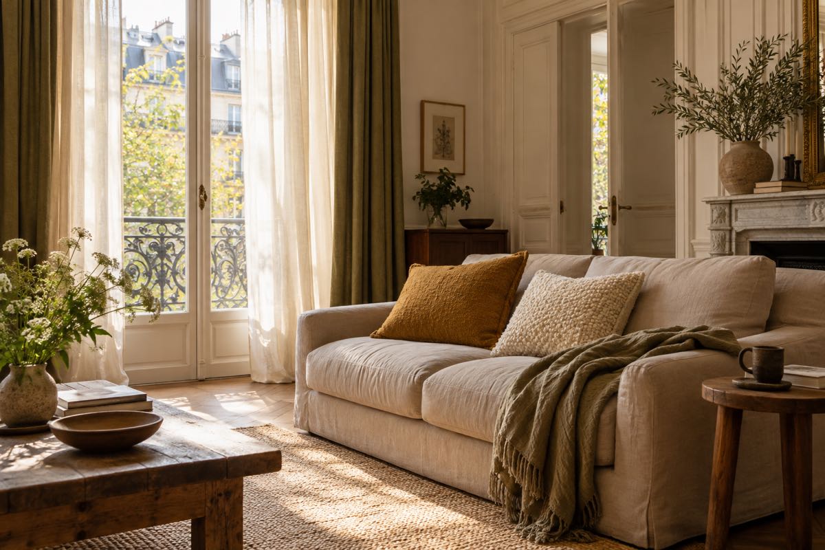 Salon lumineux avec rideaux olive, voilages clairs et coussins texturés