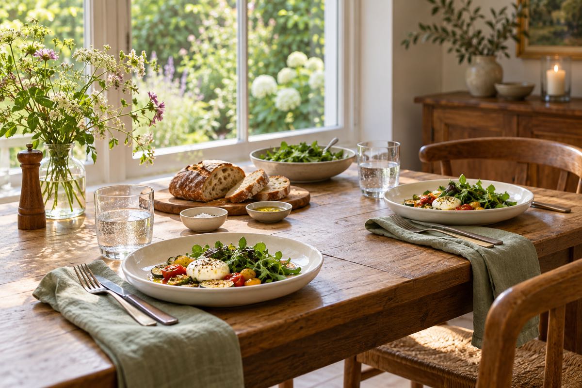 Ivory tableware and sage napkins arranged for lunch beside a garden window
