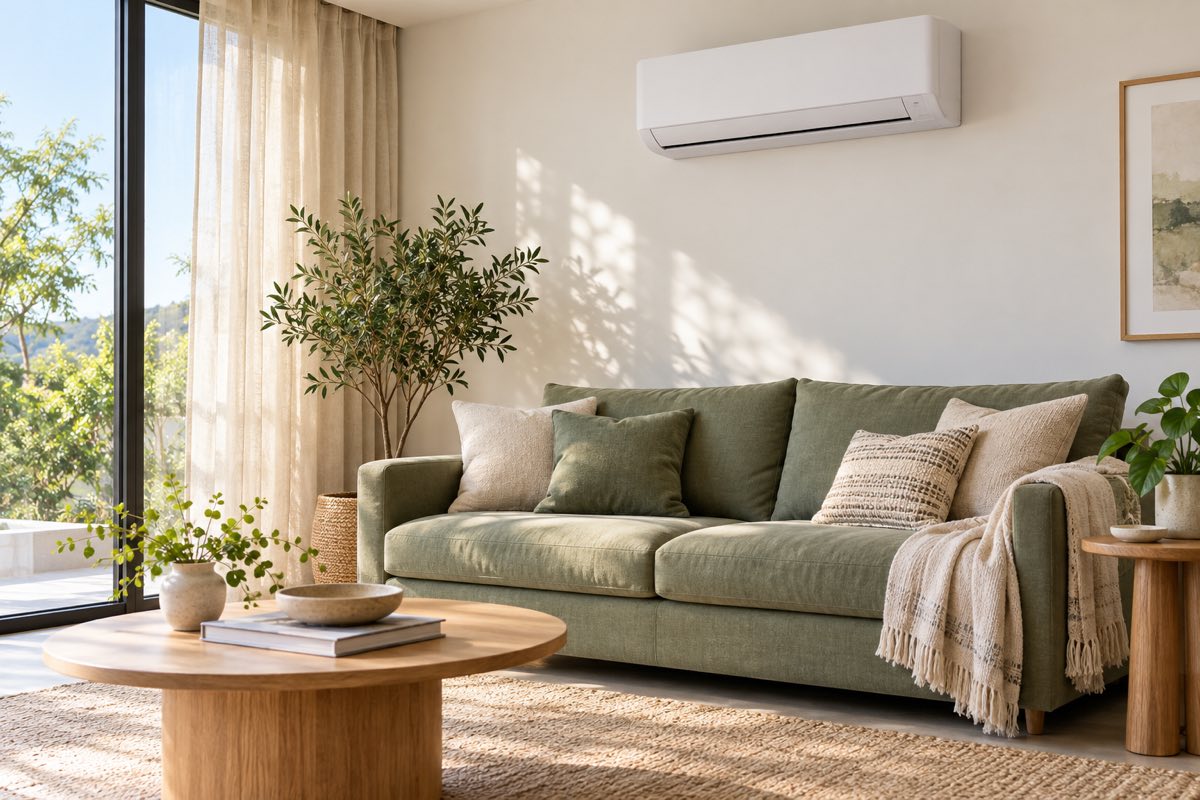 Bright living room with a wall-mounted air conditioner, sage sofa and oak side table