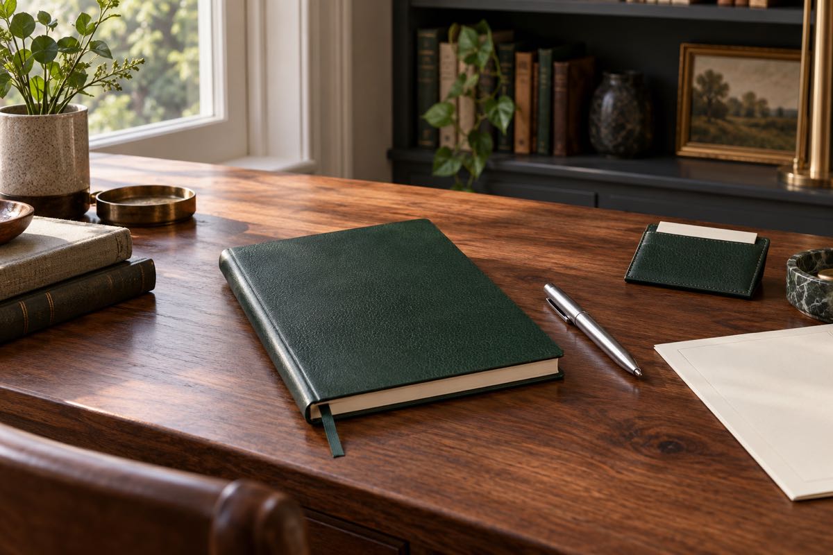 Green notebook, silver pen and cream stationery on a walnut desk