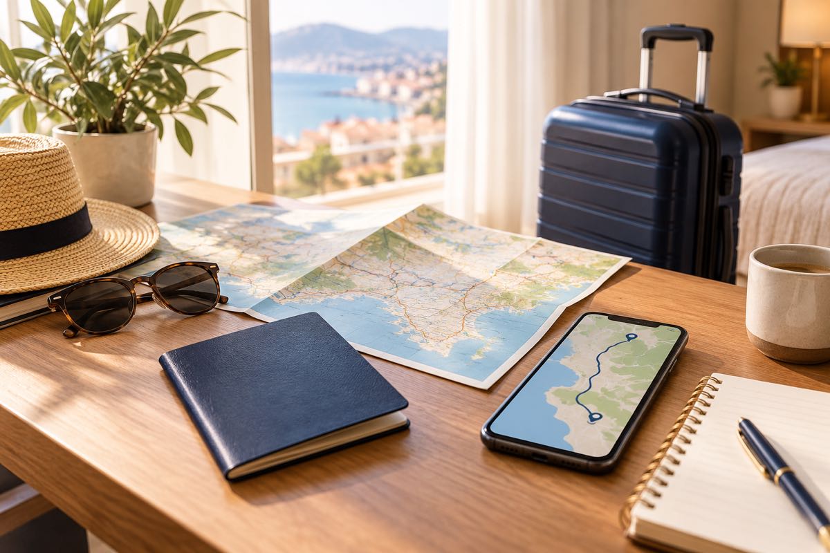 Travel planning scene with passport, map and phone beside a small suitcase
