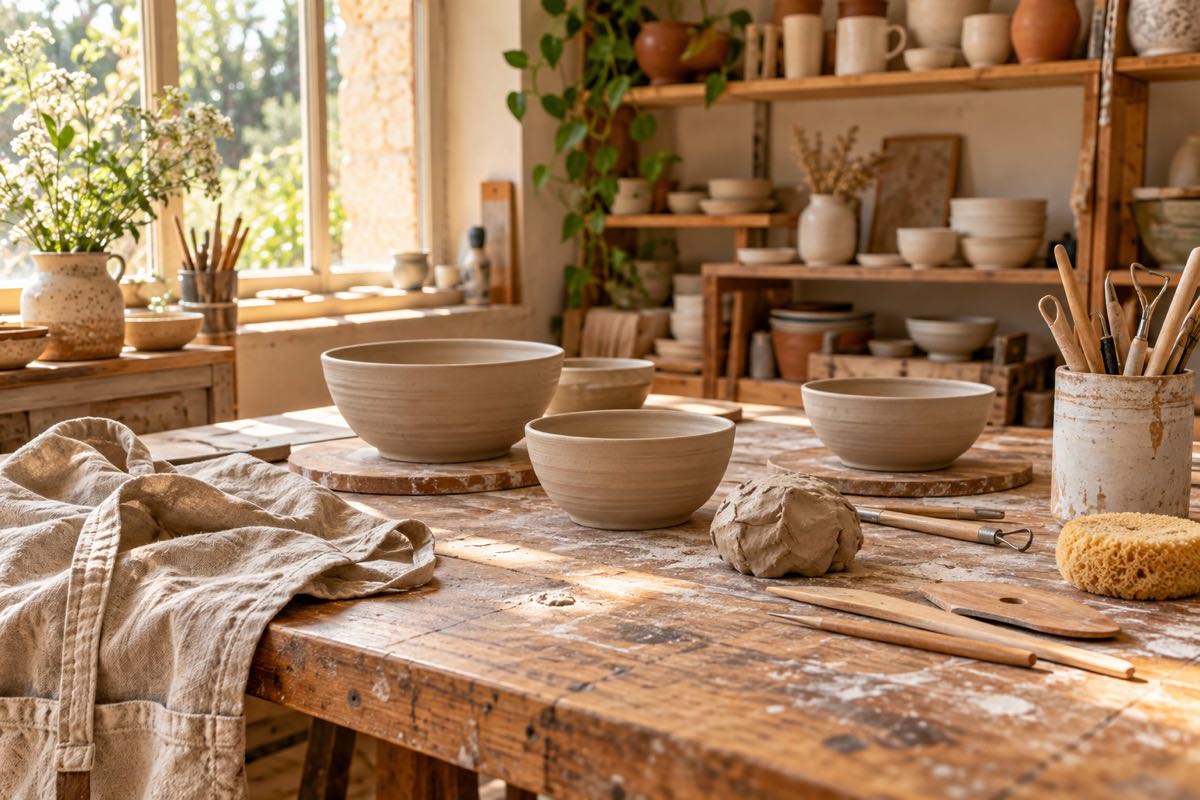 Clay bowls and pottery tools on a sunlit wooden studio workbench