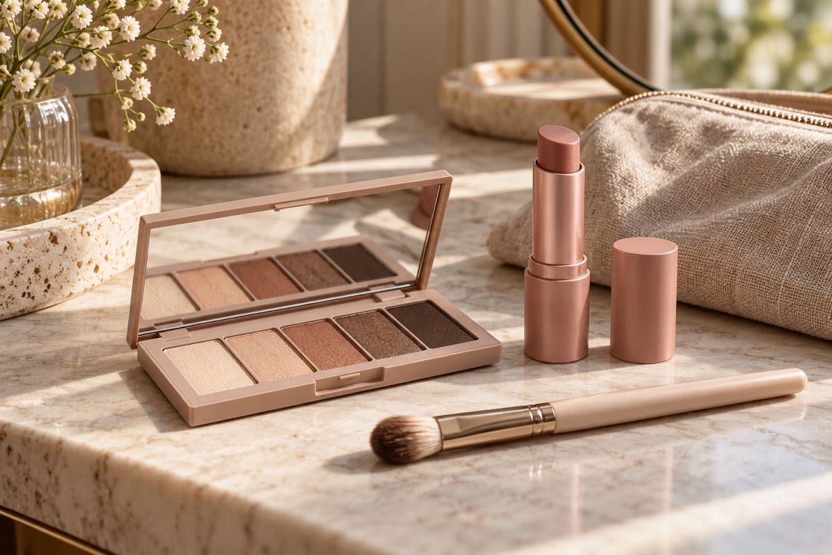 Neutral makeup palette, brush and rose-toned lip product on a pale vanity